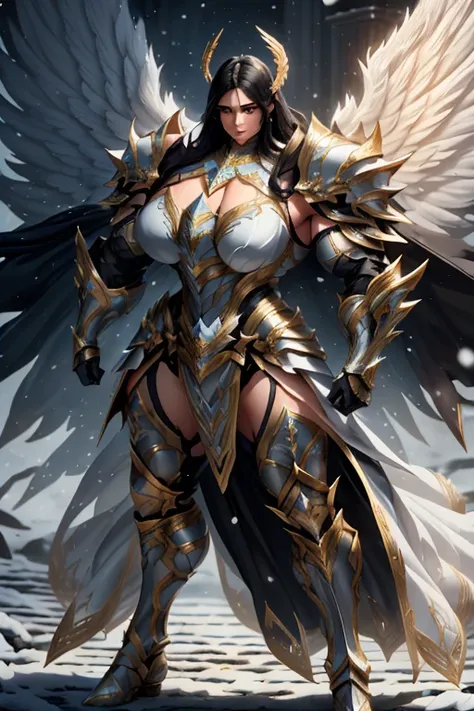 ((Massive beautiful, buff, light brown skinned muscular paladin woman with black hair, giant angel wings, black lipstick, ginormous bulky muscles, carrying a giant sword and wearing angel white paladin knight armored with a long tiered skirt)), ((close vie...