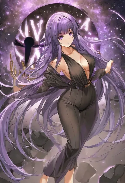 Athena，Purple one-way slightly messy long hair，Purple Eyes，Black one-piece dress，But the jumpsuit is sexy，barefoot，A black hole in the universe，Purple and black black hole，Draw a good look，Normal body proportions