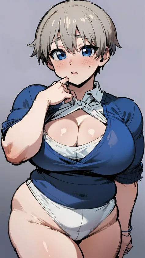 masterpiece, best quality, ultra-detailed, Potrait of beautiful , (chubby) (muscular), (plump), (sexly), (cleavage), (Breasts), (Plump), ((very short hair)), ((Uzaki Hana)), (overweight), (Gray Hair), ((Saggy breasts)), (blue eyes), (Short Hair), (blue eye...