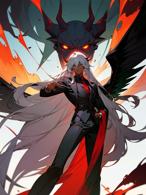 Male character, handsome, dark skin, black wings, wearing a red suit, long white hair, emerald green eyes, his appearance is that of a fire demon, his body is that of a fire demon with giant horns, a bestial body, a hideous, intimidating appearance, a horr...