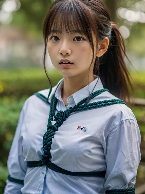 ((highest quality, 8K, masterpiece :1.3)), Photorealistic、Ultra-high resolution、Natural skin texture、Hyperrealism、Photograph from the knee up、Beautiful Japanese girl in her early teens、White collared shirt、Rope tied around chest、Angry expression