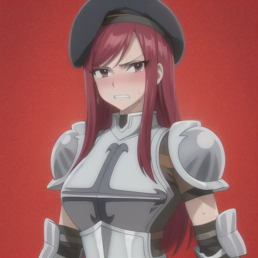 masterpiece, absurdres , (intricate details), (colorful), erza scarlet, clenched teeth, blush, sweat, looking at the viewer, armor, breastplate, gauntlets, shoulder armor, (black beret), (black hat), large breasts,