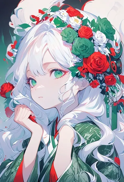 Hand drawn illustrations，Texture Noise，A woman，White long hair，Wearing a green dark pattern robe，The body is supported by red roses，Strong contrast