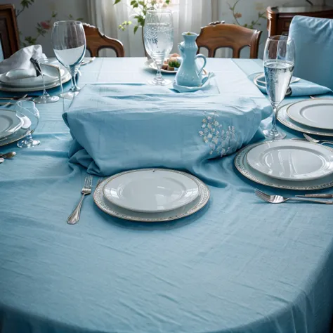 A photorealistic image of a luxuriously set table in a prestigious hotel dining room. The table is covered in a light blue tablecloth that casts a soft, elegant blue tint on the entire scene. Focus on the intricate details of the table setting, including f...