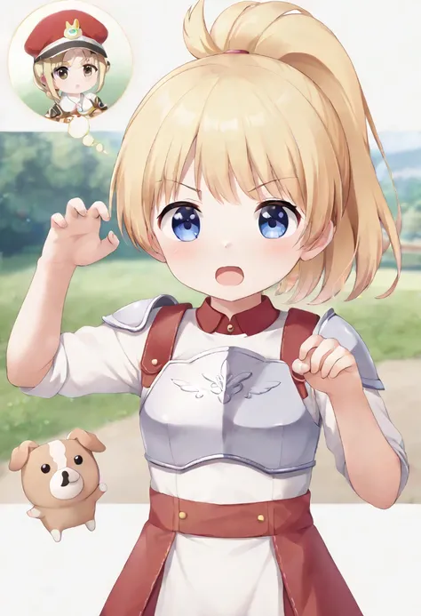 masterpiece, best quality, extremely detailed, anime, (Cute anime style),Girl, blonde, ponytail, short, small, chibi,light armor, (((threatening pose))), holding up hands,(standing big guinea pig visible in the background)