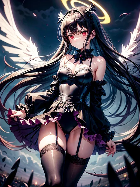 Highest quality,Highest Resolution,Beautiful girl with angry face in gothic lolita leotard,High leg,(((Floating in the air))),Halo,Night Sky,Severe lightning strike,Thick Lightning,Very beautiful red eyes,rain,(((Black angel wings on the back))),whole body...