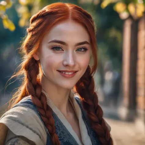 portrait of a stunning young redhead woman looking at camera,braids,very happy gaze,dimples,flirt,cute wide smile with nose wrinkles,shy,her hand holding chin,attractive features,expressive eyes,perfect face,makeup enhancements,fancy dress, shoulder,sunny ...