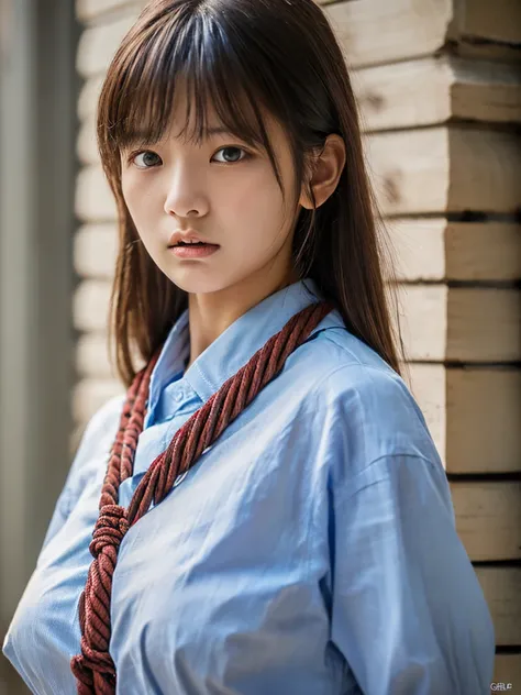 ((highest quality, 8K, masterpiece :1.3)), Photorealistic、Ultra-high resolution、Natural skin texture、Hyperrealism、Photograph from the knee up、Beautiful Japanese girl in her early teens、White collared shirt、Rope tied around chest、Angry expression