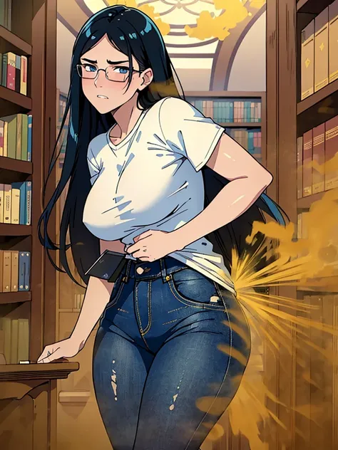 (best quality:1.4),masterpiece,ultra-detailed,delicate features,delicate skin,realism,beautiful lighting,1girl,black hair ,blues eyes ,tareme,long hair,gleaming skin,glasses, oversized tshirt, blue jeans, massive fart, yellow smoke rising, blush, clenching...