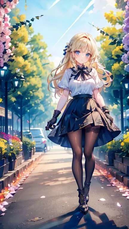 Low angle,from low,((work of art, higher resolution,best qualityer)), (beautiful illustration), ((1 girl,cute,Youngh,beautiful semi long blonde hair,rhombus stripe,gorgeous eyes)),(standing alone),(beautiful elegant office blouse and black skirt),(gazing a...