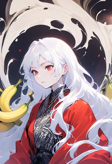 Hand drawn illustrations，Texture Noise，A woman，White long hair，Wearing a red robe with dark patterns，The body is supported by bananas，Strong contrast