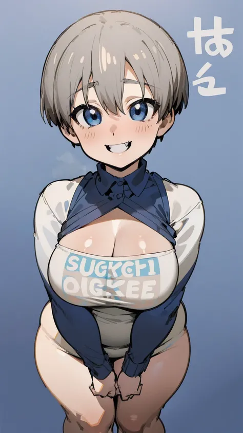 masterpiece, best quality, ultra-detailed, Potrait of beautiful , (chubby) (muscular), (plump), (sexly), (cleavage), (Breasts), (Plump), ((very short hair)), ((Uzaki Hana)), (overweight), (Gray Hair), ((Saggy breasts)), (blue eyes), (Short Hair), (blue eye...