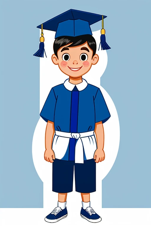 Cartoon of Boy Graduating from Preschool Standing in Blue Cap and Gown, standing facing forward with white background in the shape of a cartoon standing drawing