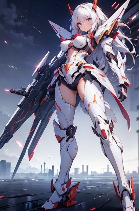 ((Kizi, mecha)), glare eyes, 精致的面容, damaged armor, mechanical aura, mechanical arm, White hair, long hair, ceramic body, Thigh clearance, breasts big, Network Background, Very cool city, (translucent, Reflective skin), 8K, best qualityer, super verbose, (S...