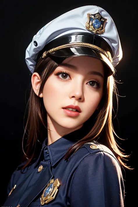 alone, (Police uniform, Female police officer), stockings, City lights, (Looking at the audience: 1.3), Release your lips, Red lips, Shiny skin, Skin dents, Highest quality, Ultra-high resolution, (realism: 1.4),  