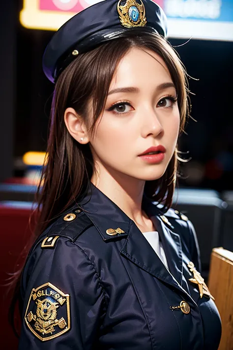 alone, (Police uniform, Female police officer), stockings, City lights, (Looking at the audience: 1.3), Release your lips, Red lips, Shiny skin, Skin dents, Highest quality, Ultra-high resolution, (realism: 1.4),  