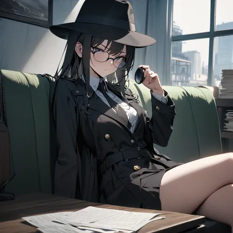 masterpiece, best quality, 8k,1 girl ( black trench coat, suit, skirt, fedora, glasses, cross-legged, sitting on sofa, necktie, right hand hold magnifier:1.2, serious), ( table, papers on table ), window, ofice background,