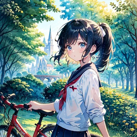 solo, (transparent girl:1.2), beautiful transparency, 18yo, cute, upper body
(watercolor:1.1),The background is a town,school student,high , ponytail, walk by pushing a bicycle,
kawaii vector art, cinematic angle, light particles, exquisitely detailed, abs...