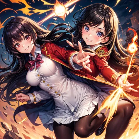 Best Quality，middle School girls，Superpowered girl，Pyrokinesis，Fire User，smile，Highest quality，Big Breasts，Cute uniform，blazer，cardigan，Beautiful girls，Horny girl，Naughty Girlasterpiece，perfection，Long Hair，tights，perfectionに描かれている