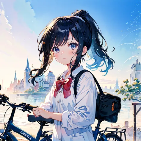 solo, (transparent girl:1.2), beautiful transparency, 18yo, cute, upper body
(watercolor:1.1),The background is a town,school student,high , ponytail, walk by pushing a bicycle,
kawaii vector art, cinematic angle, light particles, exquisitely detailed, abs...