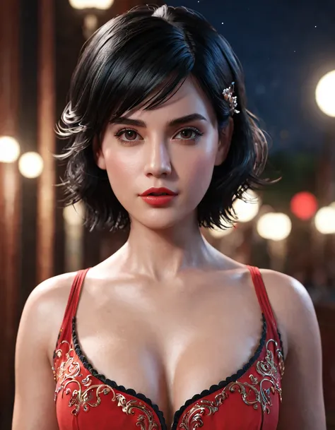 1girl, cowboy shot of beautiful ada, looking at viewer, red dress, black hair, blush, short hair, athletic night, volumetric lighting, best quality, masterpiece, intricate details, tonemapping, sharp focus, hyper detailed, trending on Artstation, ada, real...