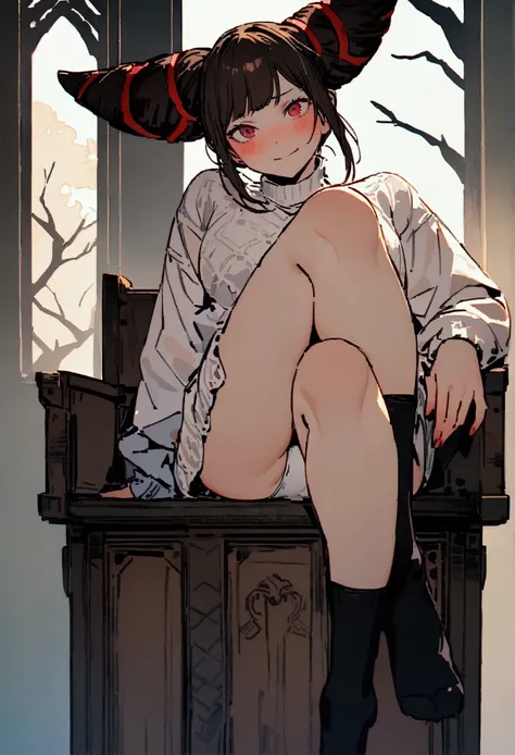 (work of art, ultra detali,high resolution,8K), 1 girl ,standing alone,hinterland,Look to viewer, TochaTortura, trunk,sheen,brunette skin,sitting on a chair,legs crossed,,black socks,horns on head,He would be,face red,blushed,staring overhead,White sweater...