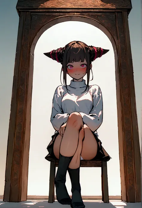 (work of art, ultra detali,high resolution,8K), 1 girl ,standing alone,hinterland,Look to viewer, TochaTortura, trunk,sheen,brunette skin,sitting on a chair,legs crossed,,black socks,horns on head,He would be,face red,blushed,staring overhead,White sweater...