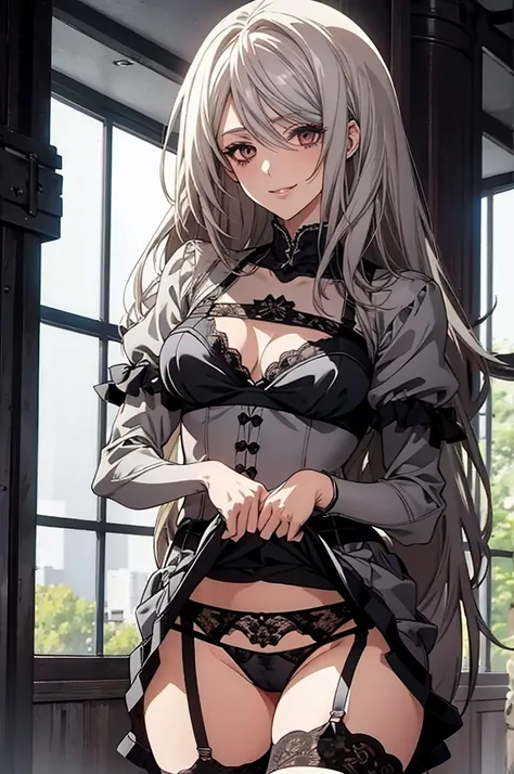 (Highest quality, High resolution, Very detailed), 1 female, Silver Hair, Long Hair, Reddish brown eyes, gothic lolita, lace thong, garter belt, 24th generation, Beautiful woman, mature, quiet, Calm, Large Breasts, A small smile, office,