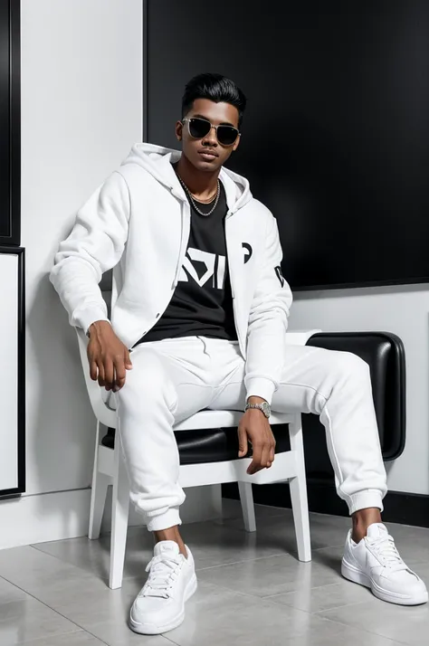  A 25-year-old boy sits in a black and white king  chair against a black wall, holding a white falco. He’s dressed in a 3D white “RAJAN” name , a white hoodie, black pants, white shoes, and sunglasses. This vibrant and stylish scene exudes confidence and m...