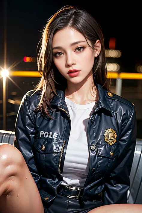 alone, (Police uniform, Female police officer), stockings, City lights, (Looking at the audience: 1.3), Release your lips, Red lips, Shiny skin, Skin dents, Highest quality, Ultra-high resolution, (realism: 1.4),  