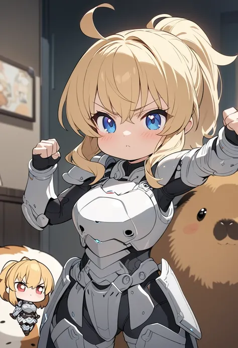 masterpiece, best quality, extremely detailed, anime, (Cute anime style),Girl, blonde, ponytail, short, small, chibi,light armor, (((threatening pose))), holding up hands,(standing big guinea pig visible in the background)