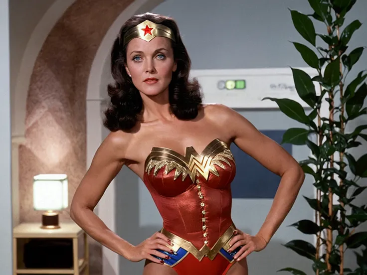 Linda Carter. Wonder woman. Full body shot, full length cinematic shot. sensual. stupid. sexy, micro stupid. lingerie. Xxx, hyper realism. 8k. Photography, hyper realism. k. Photography (Masterpiece, super detail, high detail, Best Quality, 8k