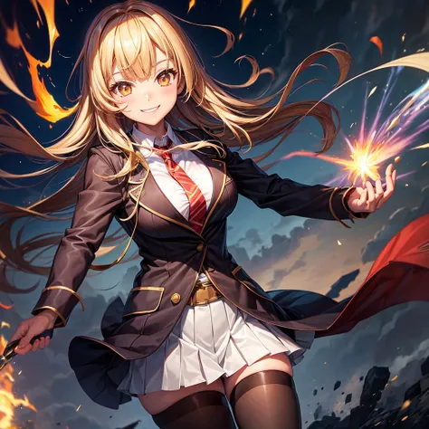 Best Quality，middle School girls，Superpowered girl，Pyrokinesis，Fire User，smile，Highest quality，Big Breasts，Cute uniform，She has her bangs down，blazer，Academy，cardigan，Beautiful girls，Horny girl，Naughty Girlasterpiece，perfection，Long Hair，tights，perfectionに...