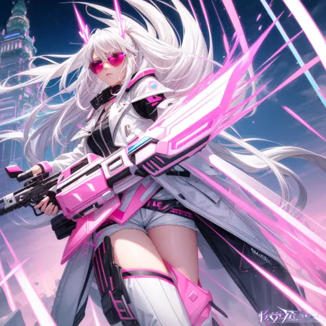 a very pretty girl,tower of fantasy,white hair with pink gradient tips ,bright eyes neon pink  , futoristic black shorts,white leather jacket ,futuristic guns,cool ,Sunglasses,in battle , epics , ultra realistic anime style, HDR, 12 k 