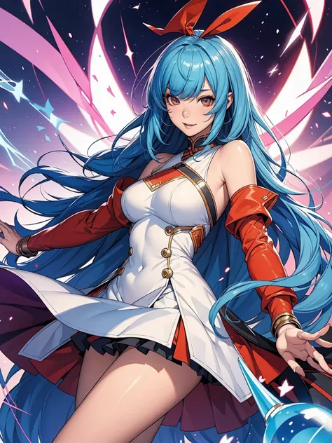 Create a cool character for a gacha game based on Mihoyo&#39;s Zenless Zone Zero game, female character in devil clothes in warm colors, S-level fire elemental character, devil horns and tail, gorgeous face, nymph body, lolly, haughty, devilish smile, wiel...