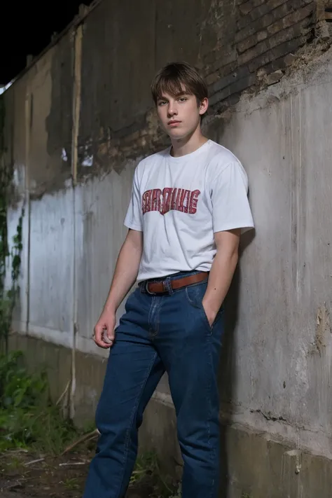 Realistic photo of solo handsome teenage men ,Standing on the wall of an abandoned building ,night