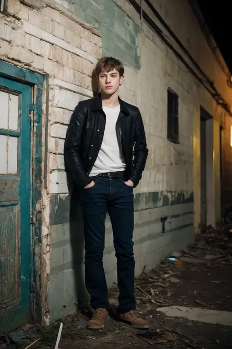 realistic photo of solo handsome teenage men ,standing on the wall of an abandoned building ,night