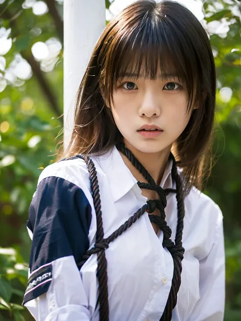 ((highest quality, 8K, masterpiece :1.3)), Photorealistic、Ultra-high resolution、Natural skin texture、Hyperrealism、Photograph from the knee up、Beautiful Japanese girl in her early teens、White collared shirt、Rope tied around chest、Angry expression