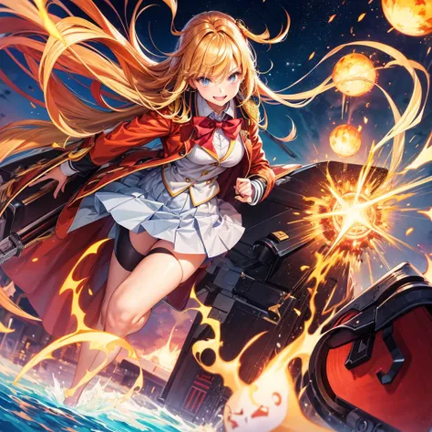 Best Quality，middle School girls，Superpowered girl，Pyrokinesis，Fire User，smile，Highest quality，Big Breastulti-colored hair，Cute uniform，She has her bangs down，blazer，Academy，future，cardigan，Beautiful girls，Horny girl，Naughty Girlasterpiece，perfection，Long ...