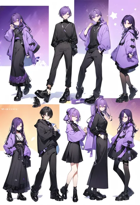 Kate。Purple Eyes。Purple Hair。Purple hoodie。Black Skirt。Black shoes下。Black shoes。female。There are also guys。Hair is purple、Purple Eyes。Purple hoodie。These are black long pants、Black shoes下。Black shoes