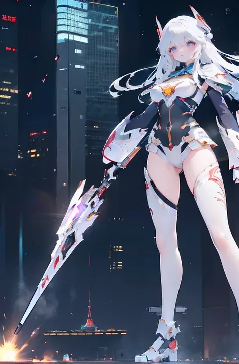 ((Kizi, mecha)), glare eyes, 精致的面容, damaged armor, mechanical aura, mechanical arm, White hair, long hair, ceramic body, Thigh clearance, breasts big, Network Background, Very cool city, (translucent, Reflective skin), 8K, best qualityer, super verbose, (S...