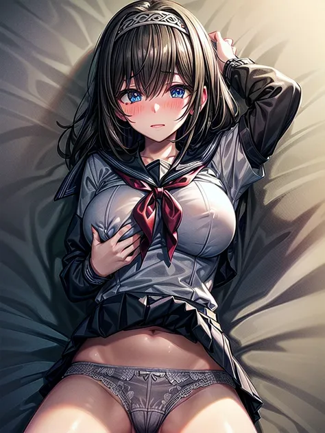 nsfw, (highly detailed beautiful face and eyes:1.2), (((lying))), bbfumika, idolmaster, long hair, hairband, (Sailor School uniform:1.5), ((huge breasted)), ((white pantie)), 1girl, solo, (lift shirt:1.5), (show off breasts:1.5), (spread legs, legs up), (p...