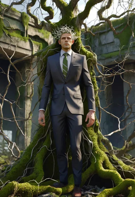 Bioengineered human-tree hybrid,look at viewer,Tangled branches for hair,bark surface,leaves spring from the body,Standing in the desolate ruins,There is moss and vines.,ultra realistic,high resolution,depth of field,about beauty,Product introduction image...