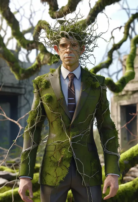 Bioengineered human-tree hybrid,look at viewer,Tangled branches for hair,bark surface,leaves spring from the body,Standing in the desolate ruins,There is moss and vines.,ultra realistic,high resolution,depth of field,about beauty,Product introduction image...