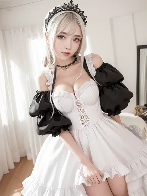 (maid_cosplay, breasts, puffy short sleeves, puffy sleeves, short sleeves, maid headdress, chain, frills, white gloves, cowboy shot, large breasts, pointy hair, gloves,gothic, gothic maid)、((Girly pose 1.8))、((Long curly hair:1.1))、Hands in front、Hold hand...