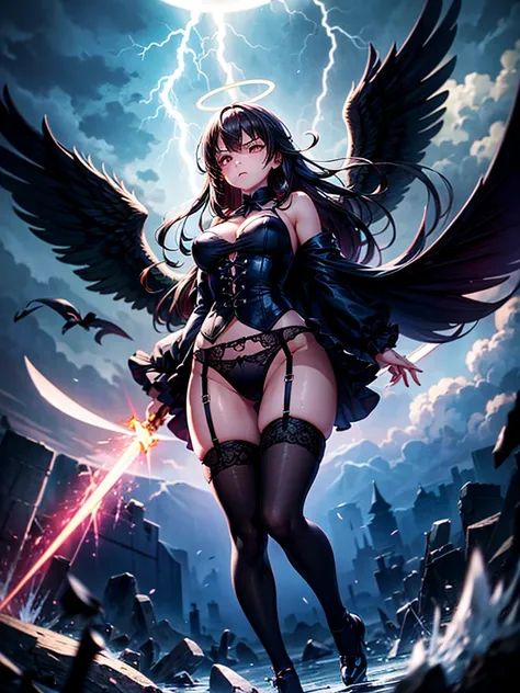 Highest quality,Highest Resolution,Beautiful girl with angry face in gothic lolita leotard,High leg,(((Floating in the air))),Halo,Night Sky,Severe lightning strike,Thick Lightning,Very beautiful red eyes,rain,(((Black angel wings on the back))),whole body...