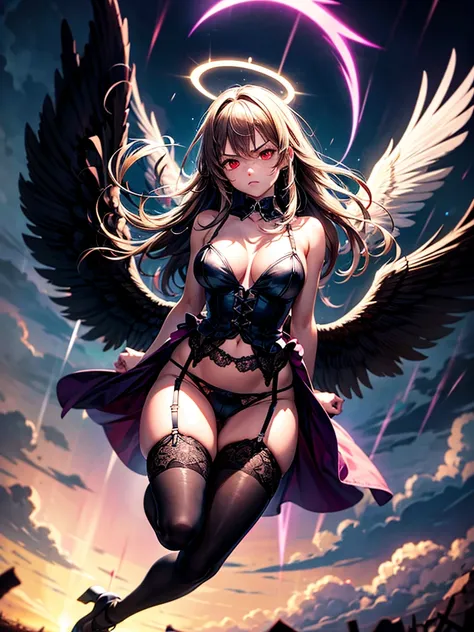 Highest quality,Highest Resolution,Beautiful girl with angry face in gothic lolita leotard,High leg,(((Floating in the air))),Halo,Night Sky,Severe lightning strike,Thick Lightning,Very beautiful red eyes,rain,(((Black angel wings on the back))),whole body...