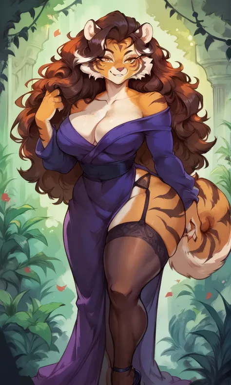 female anthro master tigress,Brown long fluffy hair, fluffy hair, squirrel ears, hyena, big breasts, attractive,purple dress, thicc body, thicc body, thicc, freckles, freckles on face, neutral expression, smug eyes,  garter belt tights, she is standing (th...