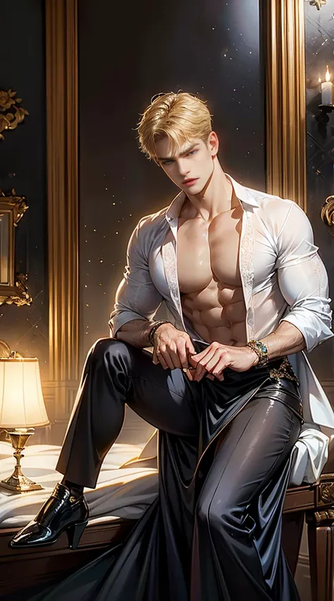 (1boy:1.3), male, Solo, (((Very detailed face)))), ((Very detailed eyes and face)))), short blond hair, Beautiful detail eyes, bare big thighs, bare big chest, Body parts__, Official art, Unified 8k wallpaper, Super detailed, masterpiece, best quality, ori...