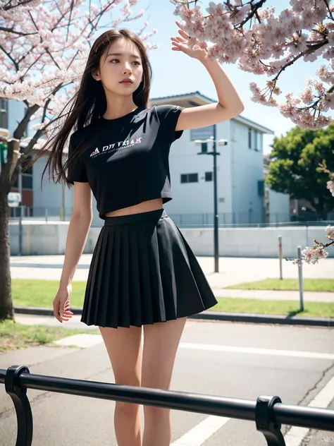 1girl, black skirt, branch, building, chain-link fence, cherry blossoms, fence, long hair, outdoors, petals, pleated skirt, rain, shirt, short sleeves, skirt, solo, standing, tree,
sky,street,Raw, cinematic shot, (sharp focus:1.5), (photorealistic:1.4), tw...